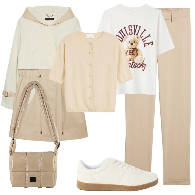 Outfit donna - In chiaro per l'autunno. Stile Casual chic per Tutti i giorni. Abbinamento con trench, borse a spalla, t-shirt, pantaloni chino, cardigans, sneakers.