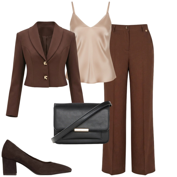 Outfit donna - City. Stile Chic per Tutti i giorni. Abbinamento con blazer, top, pantaloni, borse a tracolla, décolleté.