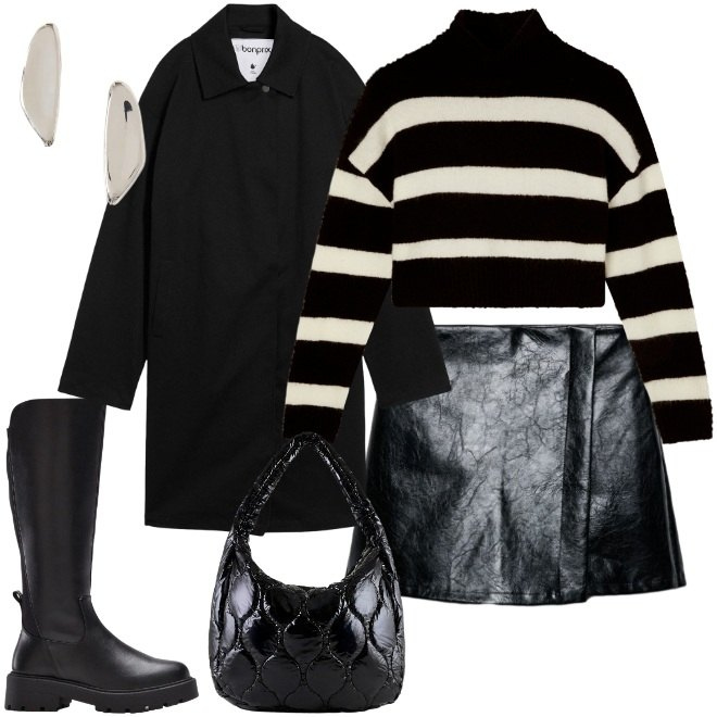 Outfit donna - Animo ribelle. Stile Urban per Scuola/Università. Abbinamento con orecchini, borse tote, minigonne, maglieria, trench, stivali.