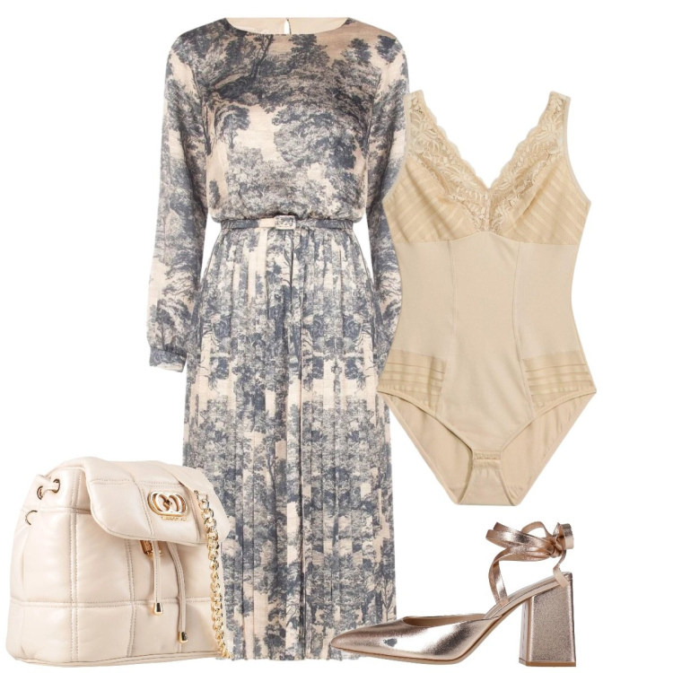 Outfit donna - Cerimonia col tacco comodo. Stile Bon Ton per Cerimonia. Abbinamento con décolleté, valigie, body, vestiti midi/longuette.