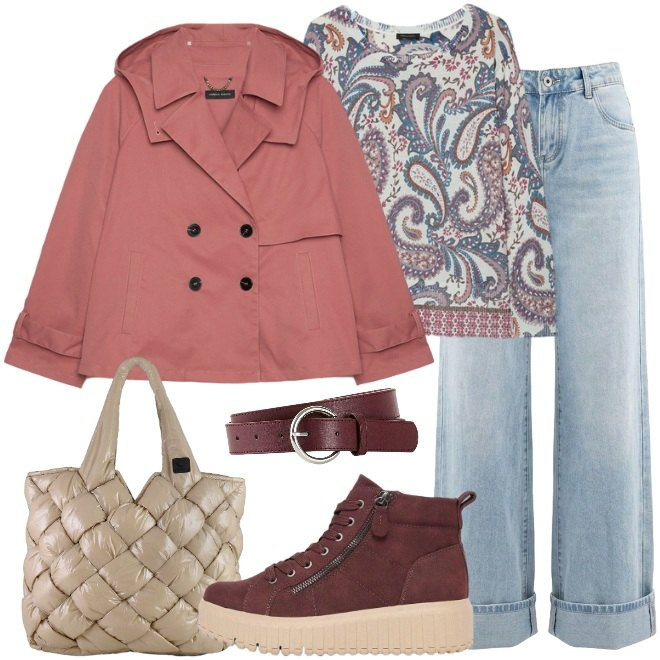 Outfit donna - Sportiva con stile. Stile Casual chic per Tutti i giorni. Abbinamento con maglieria, trench, borse tote, jeans, sneakers alte, cinture.
