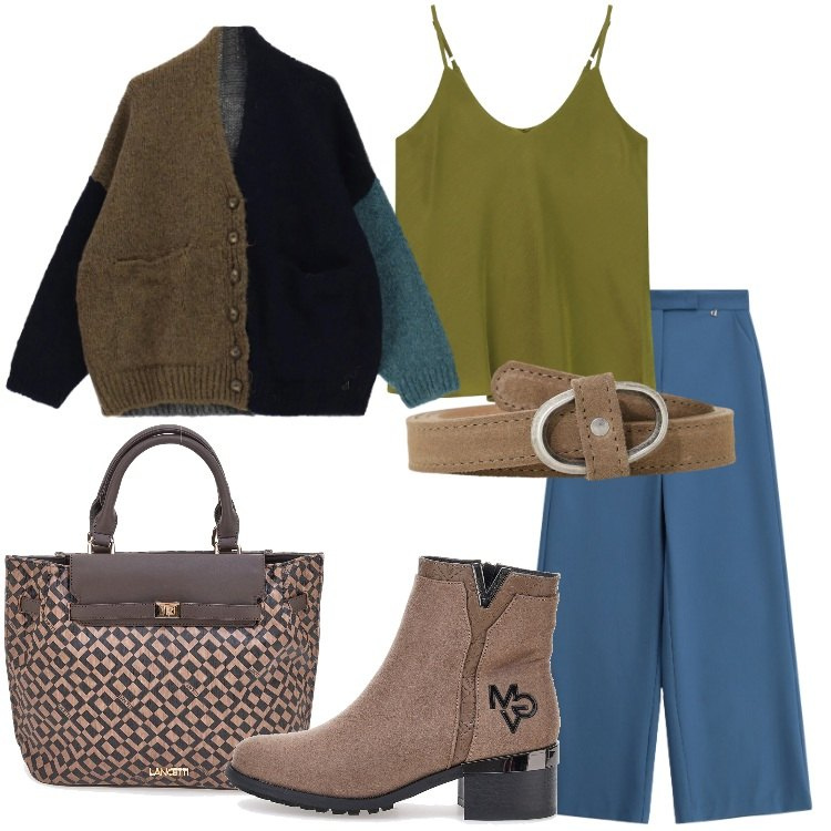 Outfit donna - Oroscopo La Bilancia. Stile Basic per Tutti i giorni. Abbinamento con cinture, top, cardigans, pantaloni a palazzo, stivaletti, borse a mano.