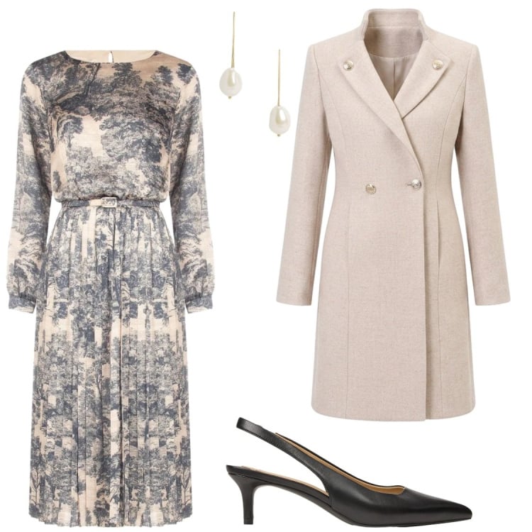 Outfit donna - Battesimo in autunno. Stile Chic per Cerimonia. Abbinamento con cappotti, vestiti midi/longuette, décolleté, orecchini.