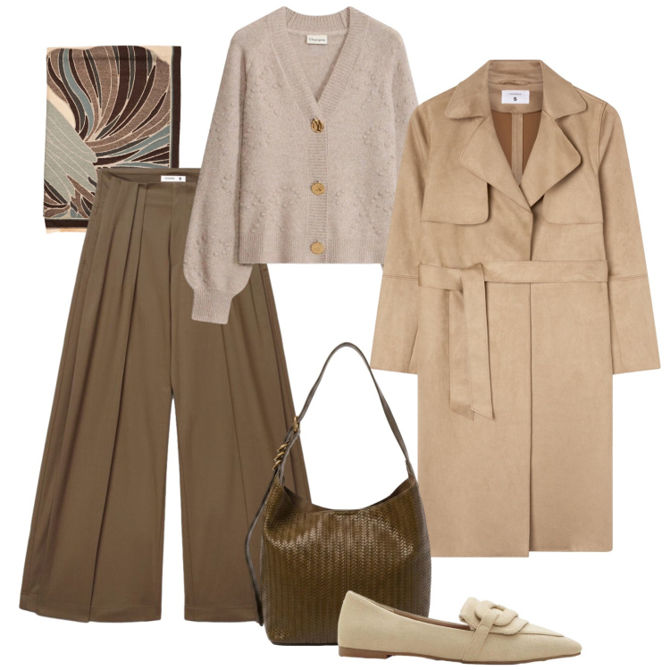Outfit donna - Trench leggero. Stile Casual chic per Ufficio. Abbinamento con mocassini, cardigans, trench, pantaloni a palazzo, borse a spalla, sciarpe.