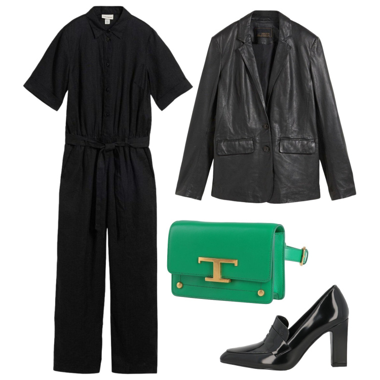 Outfit donna - Ottobre total black. Stile Trendy per Ufficio. Abbinamento con mocassini, marsupi, tute, blazer.