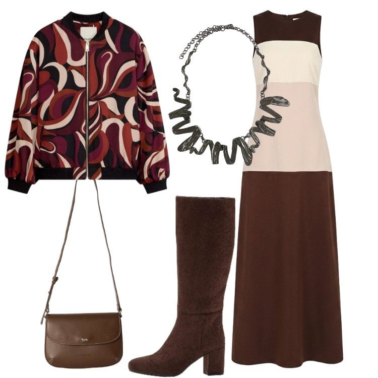 Outfit donna - Mood \'70. Stile 70s per Serata fuori. Abbinamento con stivali, bomber, vestiti lunghi, borse a tracolla, ciondoli.