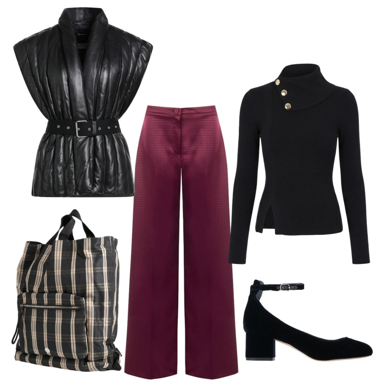 Outfit donna - Il piumino smanicato con cintura. Stile Trendy per Tutti i giorni. Abbinamento con pantaloni a palazzo, maglieria, décolleté, cinture, zaini.