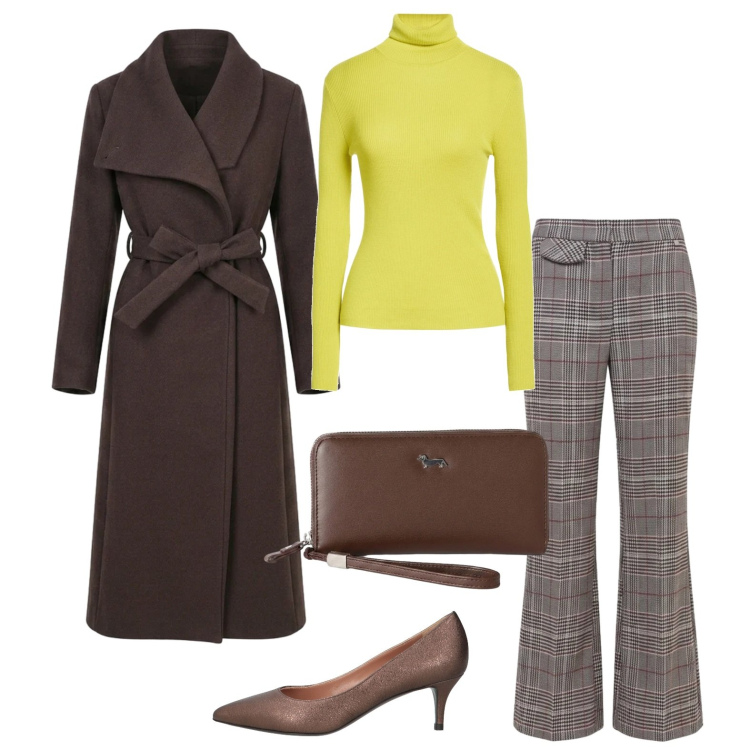 Outfit donna - Ottobre con il dolcevita luminoso. Stile Casual chic per Serata fuori. Abbinamento con maglieria, décolleté, cappotti, pantaloni, portafogli.