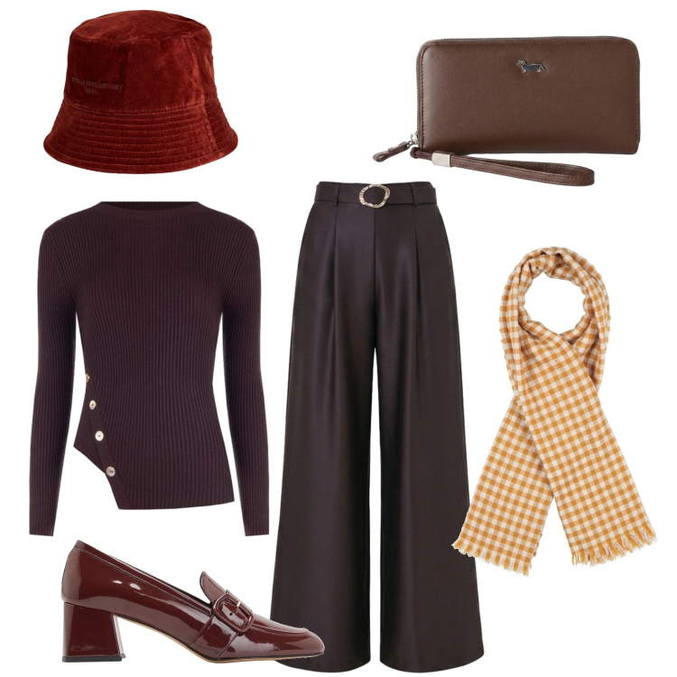 Outfit donna - Look cittadino di tendenza. Stile Trendy per Tutti i giorni. Abbinamento con mocassini, sciarpe, cappelli, pantaloni a palazzo, t-shirt, portafogli.