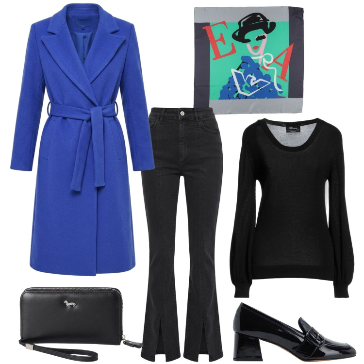 Outfit donna - Ufficio e aperitivo in bluette. Stile Basic per Ufficio. Abbinamento con sciarpe, mocassini, pullovers, cappotti, jeans a zampa, portafogli.
