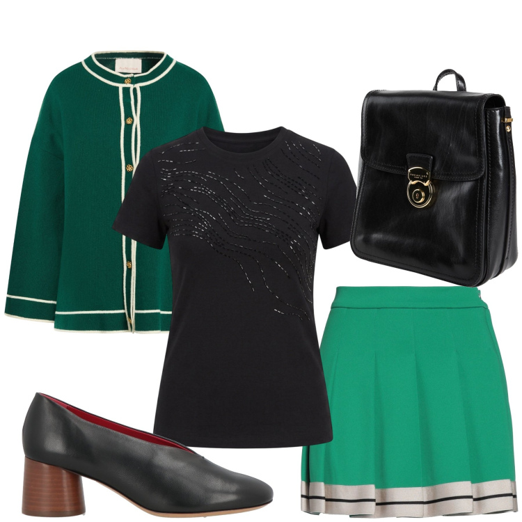 Outfit donna - Total look #2482313. Stile Glamour per Tutti i giorni. Abbinamento con minigonne, zaini, cardigans, décolleté, t-shirt.