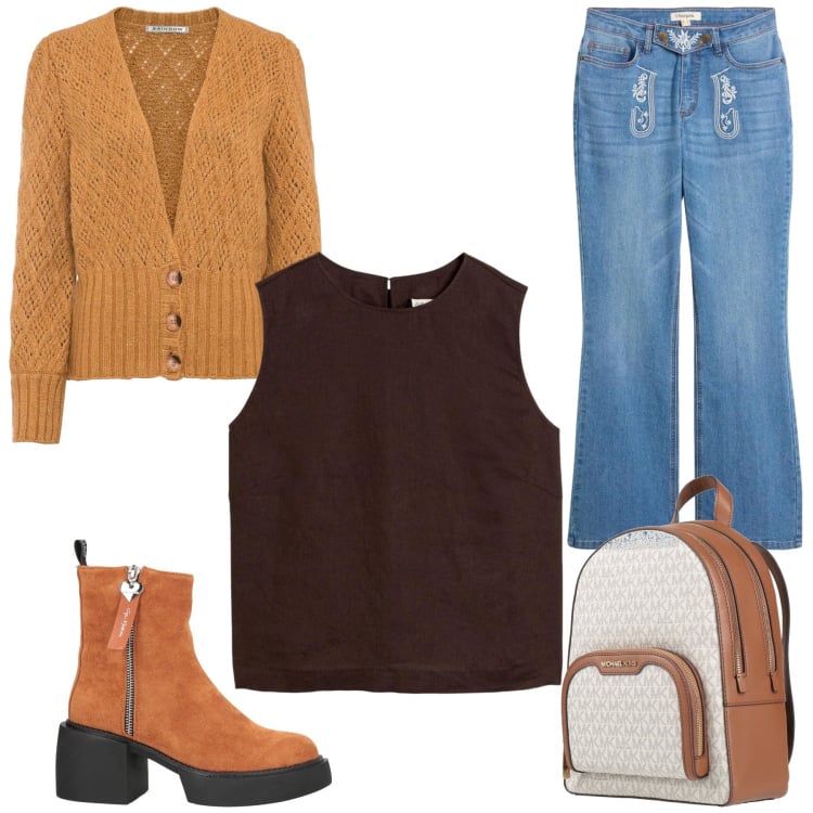 Outfit donna - Total look #2482315. Stile Glamour per Tutti i giorni. Abbinamento con stivaletti, zaini, cardigans, canottiere, jeans bootcut.