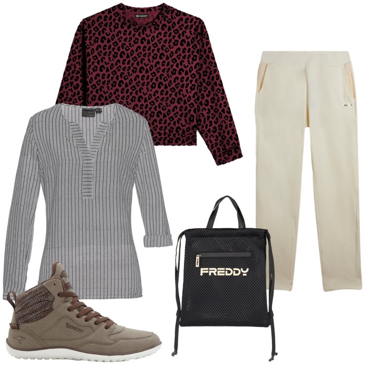 Outfit donna - Total look #2482316. Stile Casual chic per Tutti i giorni. Abbinamento con tuniche, sneakers alte, zaini, pantaloni, felpe.