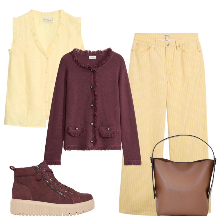 Outfit donna - Total look #2482318. Stile Glamour per Tutti i giorni. Abbinamento con borse a mano, cardigans, pantaloni, sneakers alte, canottiere.