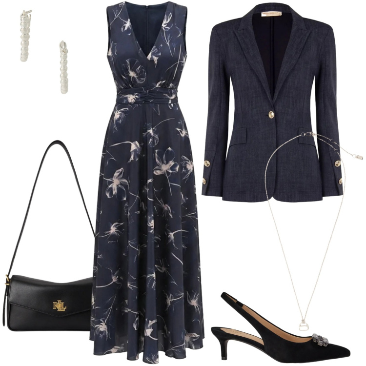 Outfit donna - Invito d\'autunno. Stile Chic per Cerimonia. Abbinamento con vestiti lunghi, blazer, orecchini, borse a spalla, décolleté, collane.