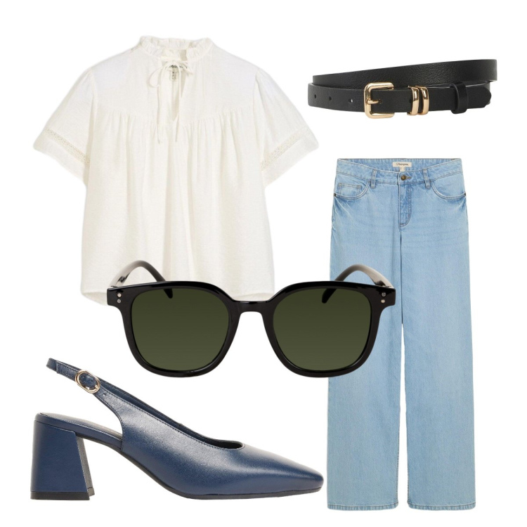 Outfit donna - Fine settembre. Stile Basic per Tutti i giorni. Abbinamento con cinture, jeans, décolleté, camicie a manica corta, occhiali da sole.
