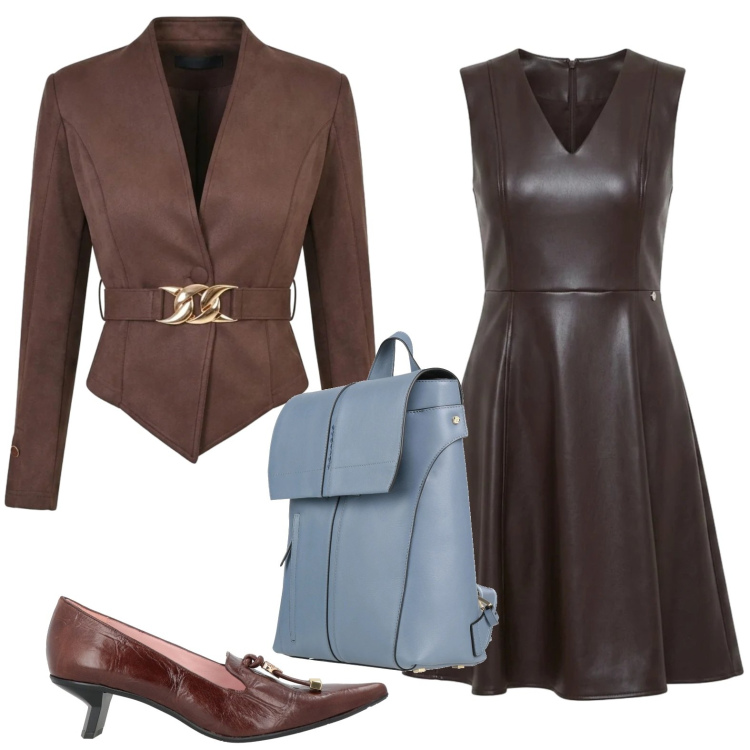 Outfit donna - Blazer con cintura gioiello. Stile Bon Ton per Ufficio. Abbinamento con vestiti corti, blazer, décolleté, zaini.