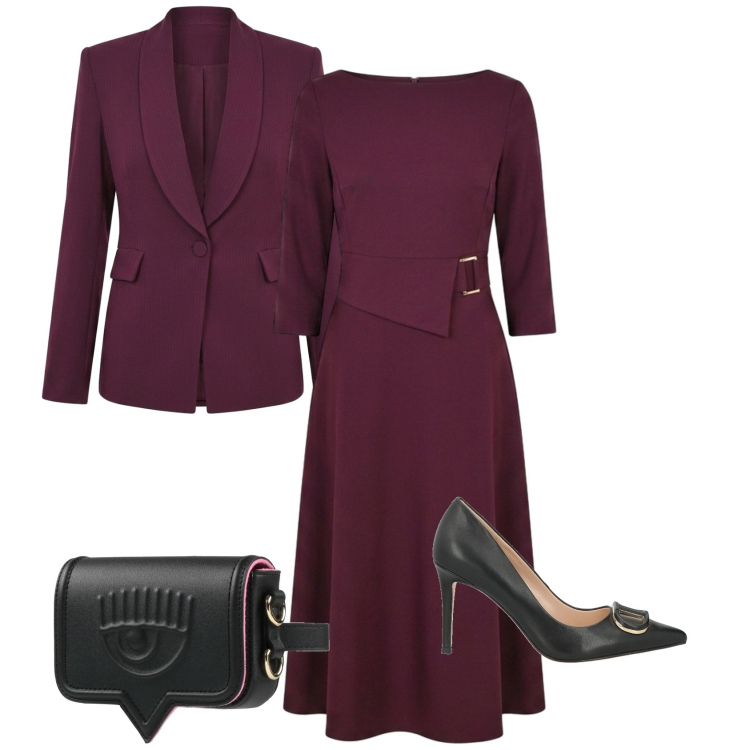 Outfit donna - Cerimonia di giorno. Stile Bon Ton per Cerimonia. Abbinamento con vestiti asimmetrici, blazer, marsupi, décolleté.