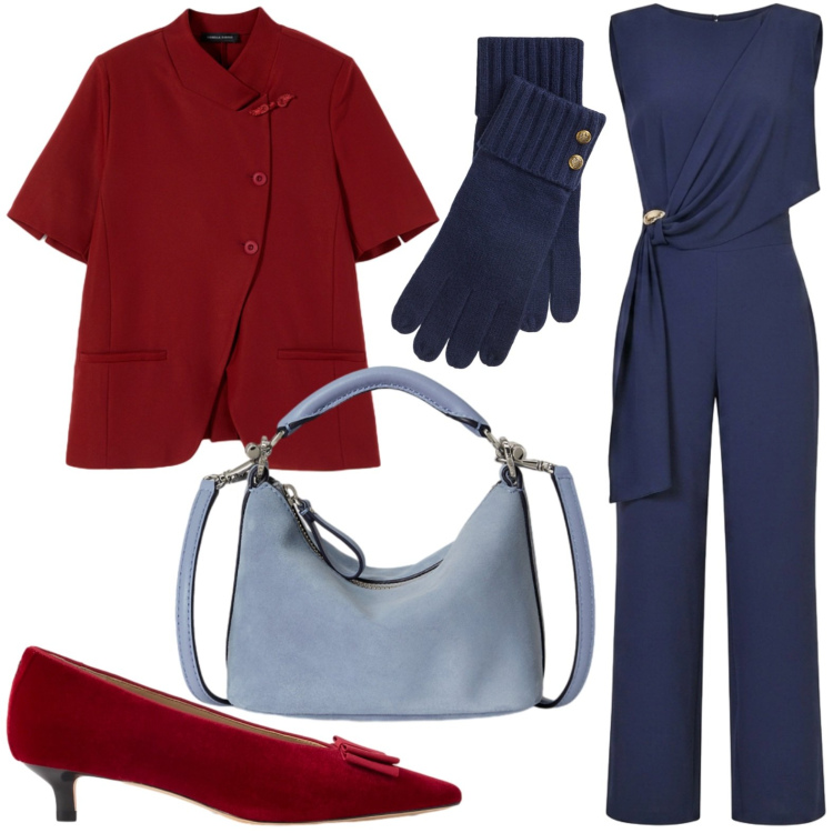 Outfit donna - Eleganza autunnale. Stile Casual per Tutti i giorni. Abbinamento con blazer, borse a spalla, guanti, décolleté, tute.