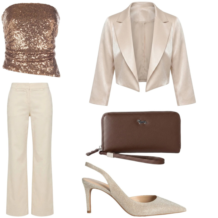Outfit donna - Oro party. Stile Casual per Serata fuori. Abbinamento con décolleté, bolero, top, portafogli, pantaloni.