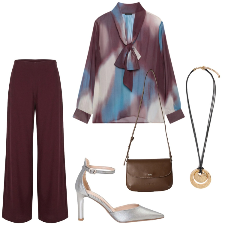 Outfit donna - Pantalone palazzo e blusa in seta. Stile Casual per Tutti i giorni. Abbinamento con borse a tracolla, bluse, ciondoli, décolleté, pantaloni a palazzo.
