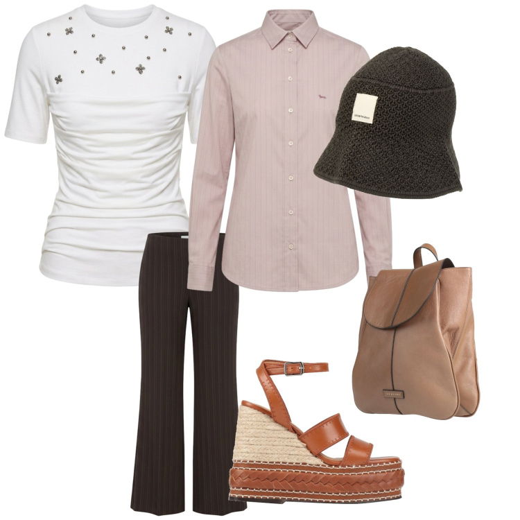Outfit donna - Gita fuori porta. Stile Casual chic per Tutti i giorni. Abbinamento con espadrillas, zaini, cappelli, pantaloni a palazzo, t-shirt, camicie.
