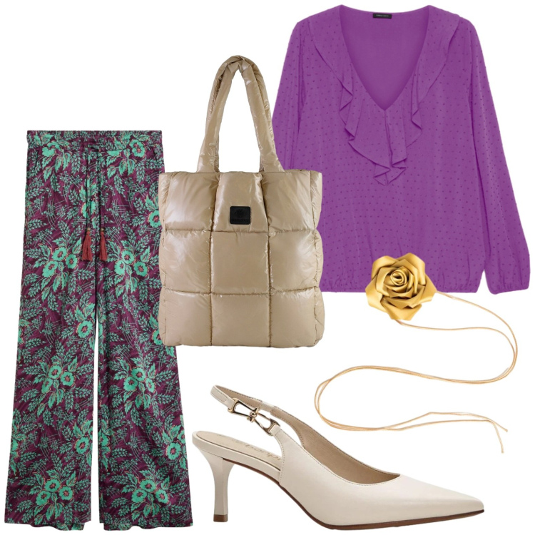 Outfit donna - Pantalone palazzo e blusa in seta. Stile Casual chic per Tutti i giorni. Abbinamento con bluse, shopping bag, collane, pantaloni a palazzo, décolleté.