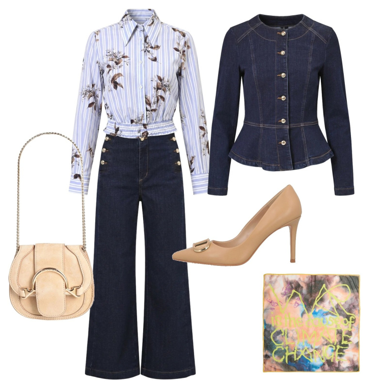 Outfit donna - Serata in total denim. Stile Glamour per Serata fuori. Abbinamento con marsupi, sciarpe, décolleté, jeans, blazer, camicie.
