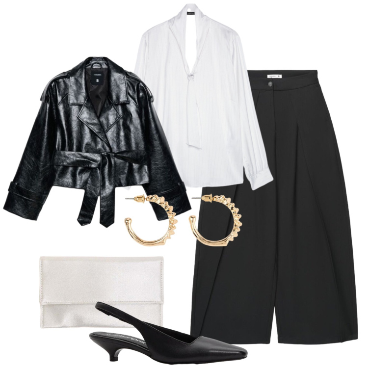Outfit donna - Blusa con cravatta e palazzo. Stile Glamour per Serata fuori. Abbinamento con bluse, clutch, pantaloni a palazzo, trench, décolleté, orecchini.