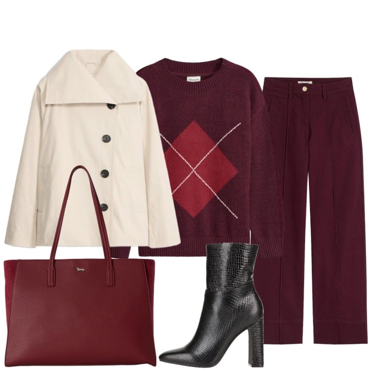 Outfit donna - Total look #2482353. Stile Casual chic per Tutti i giorni. Abbinamento con stivaletti, pantaloni, maglieria, trench, shopping bag.