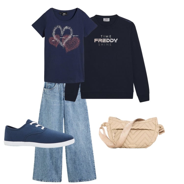 Outfit donna - Giornata di svago. Stile Casual per Sport. Abbinamento con sneakers, jeans, marsupi, t-shirt, felpe.