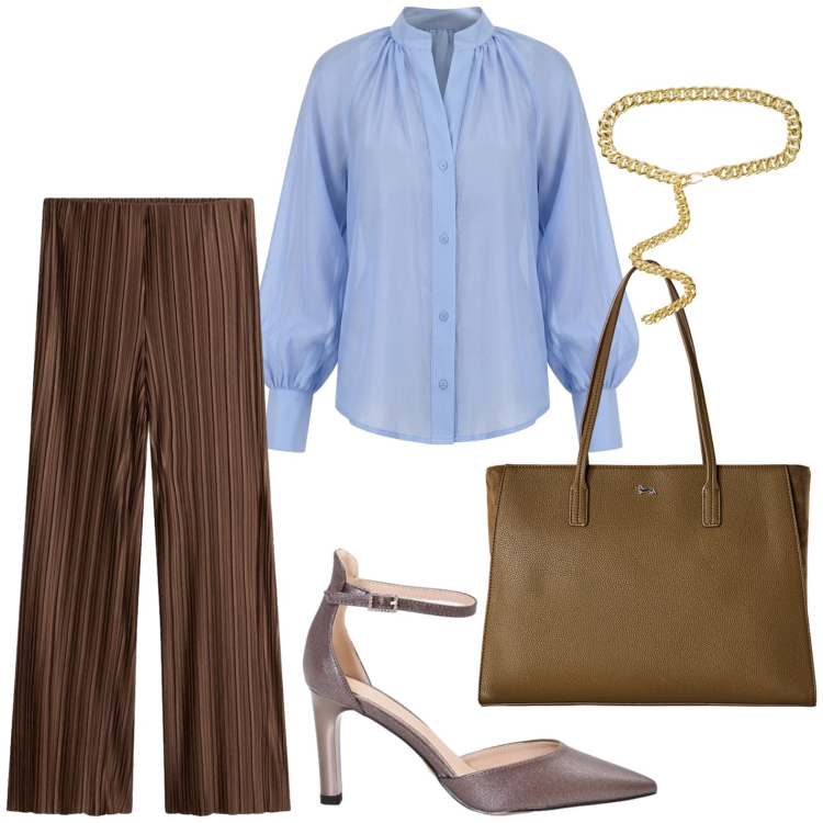 Outfit donna - Pantalone palazzo e blusa in seta. Stile Basic per Tutti i giorni. Abbinamento con shopping bag, cinture, décolleté, camicie, pantaloni a palazzo.