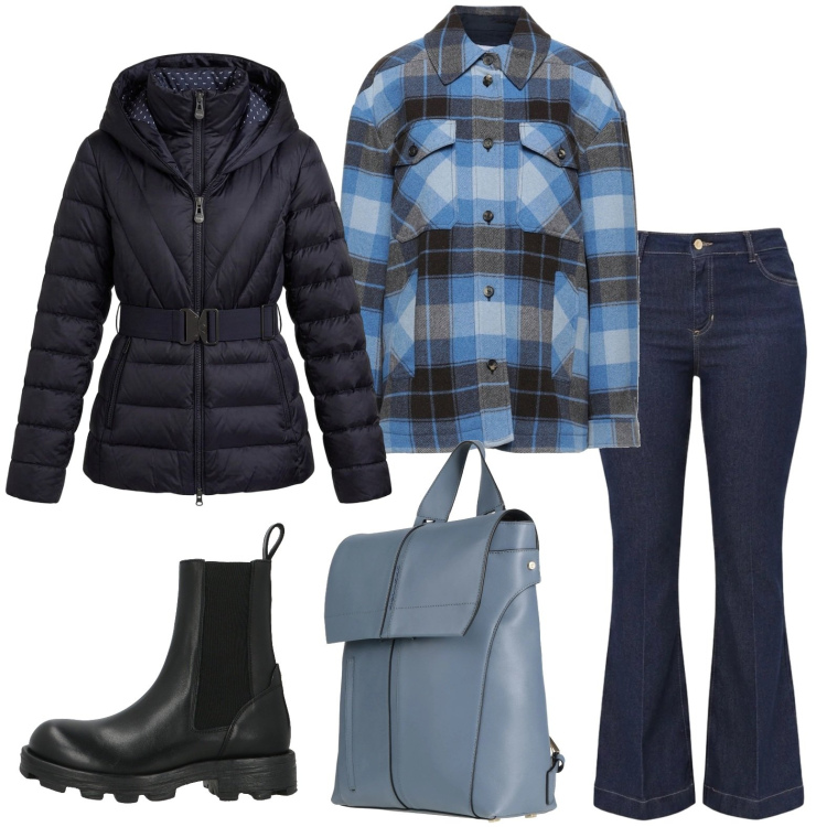 Outfit donna - La camicia over dal gusto maschile. Stile Basic per Tutti i giorni. Abbinamento con piumini, jeans a zampa, stivaletti chelsea, zaini, camicie.