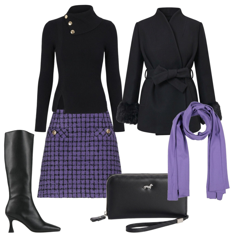 Outfit donna - Minigonna e stivali. Stile Glamour per Serata fuori. Abbinamento con portafogli, maglieria, cappotti, minigonne, sciarpe, stivali.