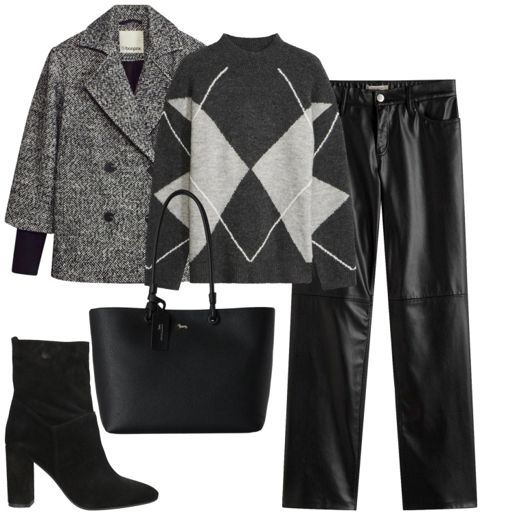 Outfit donna - City. Stile Casual chic per Tutti i giorni. Abbinamento con stivaletti, maglieria, caban, pantaloni, shopping bag.