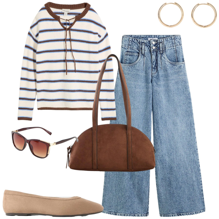 Outfit donna - Settembre. Stile Casual per Tutti i giorni. Abbinamento con maglieria, borse a tracolla, jeans, orecchini, occhiali da sole, ballerine.