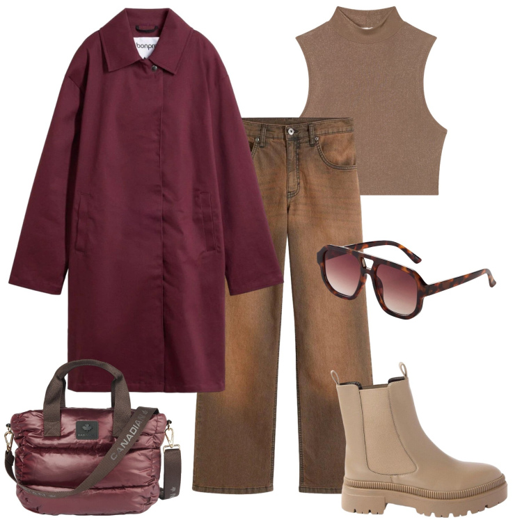 Outfit donna - Il trench per la pioggia. Stile Urban per Tutti i giorni. Abbinamento con jeans, trench, stivaletti, occhiali da sole, top, borse a tracolla.