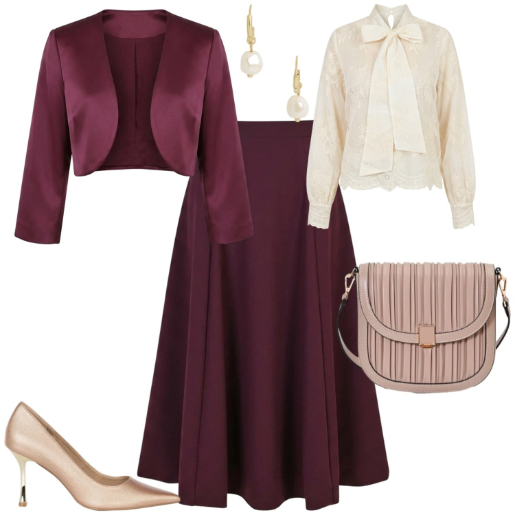 Outfit donna - Chic cerimonia evento serata. Stile Chic per Cerimonia. Abbinamento con gonne lunghe, bolero, borse a tracolla, décolleté, bluse, orecchini.