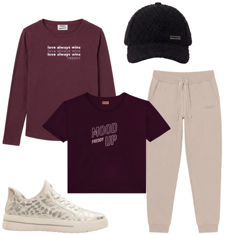 Outfit donna - Total look #2482389. Stile Glamour per Tutti i giorni. Abbinamento con sneakers, pantaloni, t-shirt, cappelli con visiera, t-shirt.