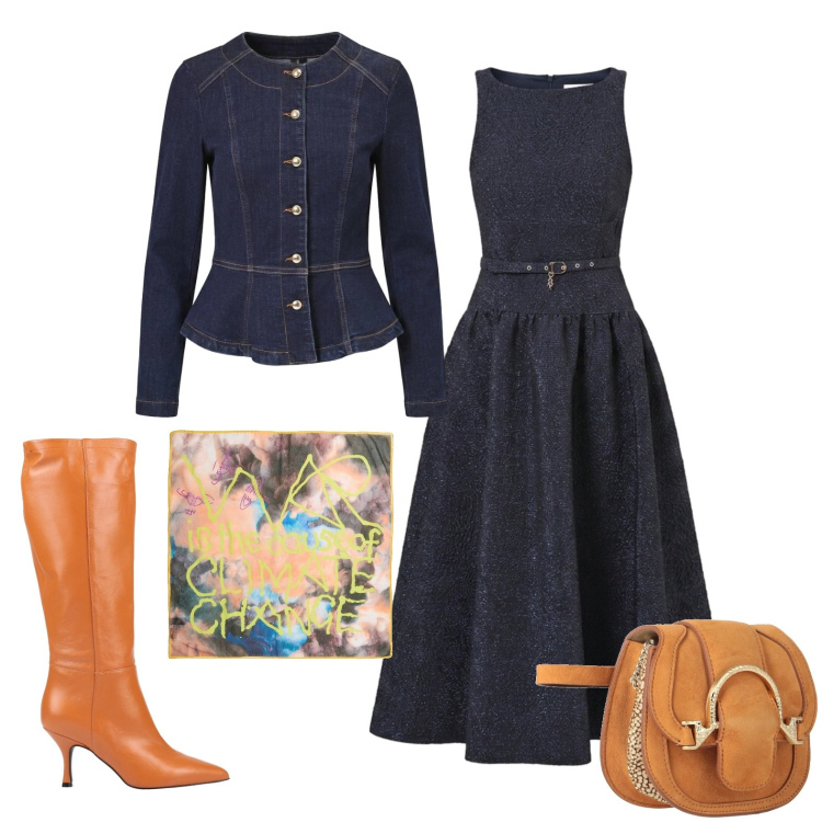 Outfit donna - Glamour per una serata di festa. Stile Glamour per Serata fuori. Abbinamento con stivali, marsupi, sciarpe, vestiti midi/longuette, blazer.