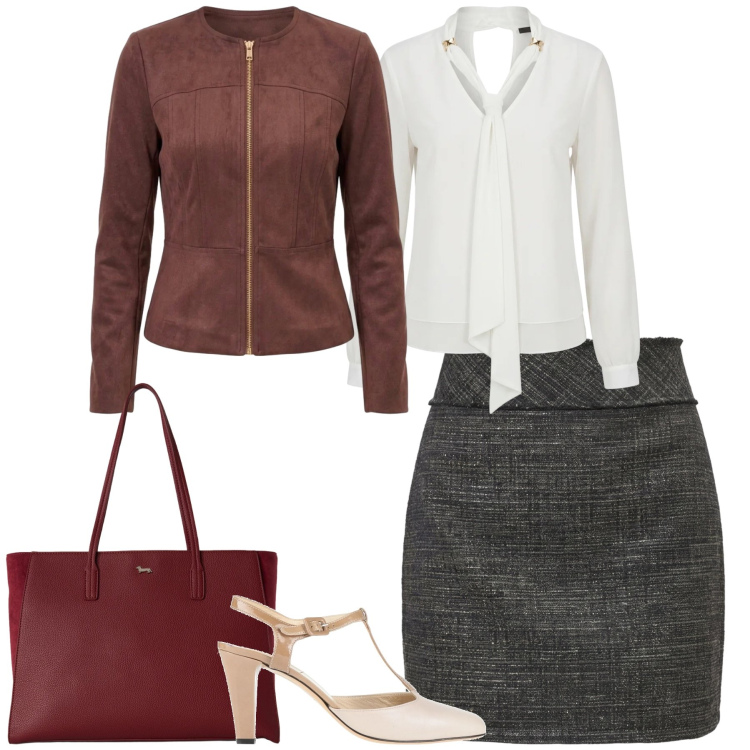 Outfit donna - Total look #2482393. Stile Glamour per Tutti i giorni. Abbinamento con décolleté, bluse, minigonne, blazer, shopping bag.