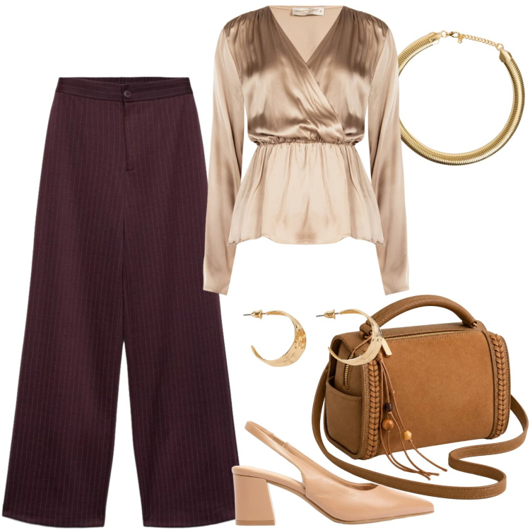 Outfit donna - Pantalone palazzo e blusa in seta- Curvy. Stile Chic per Ufficio. Abbinamento con bluse, collane, borse a tracolla, pantaloni a palazzo, décolleté, orecchini.
