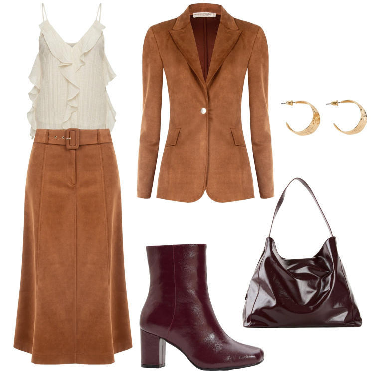Outfit donna - Settembre. Stile Casual per Tutti i giorni. Abbinamento con shopping bag, orecchini, stivaletti, gonne longuette, blazer, canottiere.