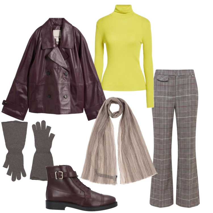 Outfit donna - Caban in pelle per l\'autunno. Stile Urban per Ufficio. Abbinamento con stivaletti, sciarpe, maglieria, guanti, caban, pantaloni.