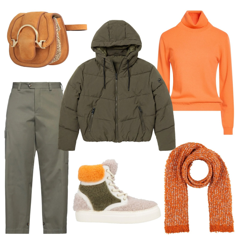 Outfit donna - Weekend autunnale. Stile Casual per Tutti i giorni. Abbinamento con marsupi, maglieria, pantaloni cargo, stivaletti, sciarpe, piumini.