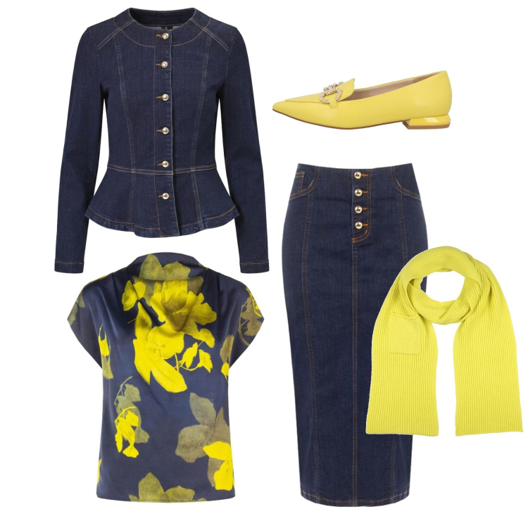 Outfit donna - Un elegante completo di jeans. Stile Bon Ton per Tutti i giorni. Abbinamento con sciarpe, mocassini, blazer, gonne longuette, top.