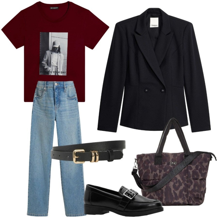 Outfit donna - Total look #2482431. Stile Urban per Scuola/Università. Abbinamento con jeans, mocassini, cinture, blazer, shopping bag, t-shirt.