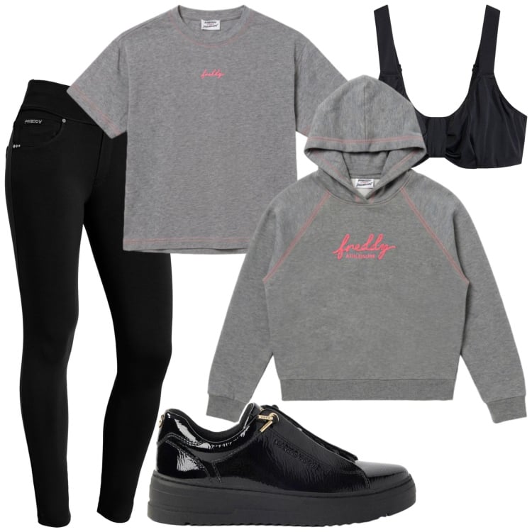 Outfit donna - Total look #2482432. Stile Sporty chic per Sport. Abbinamento con sneakers, reggiseni, pantaloni skinny, t-shirt, felpe con cappuccio.