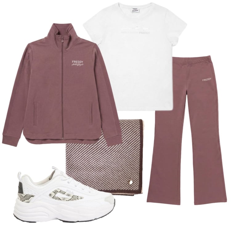 Outfit donna - Total look #2482433. Stile Sporty chic per Sport. Abbinamento con sneakers, sciarpe, felpe, pantaloni, t-shirt.