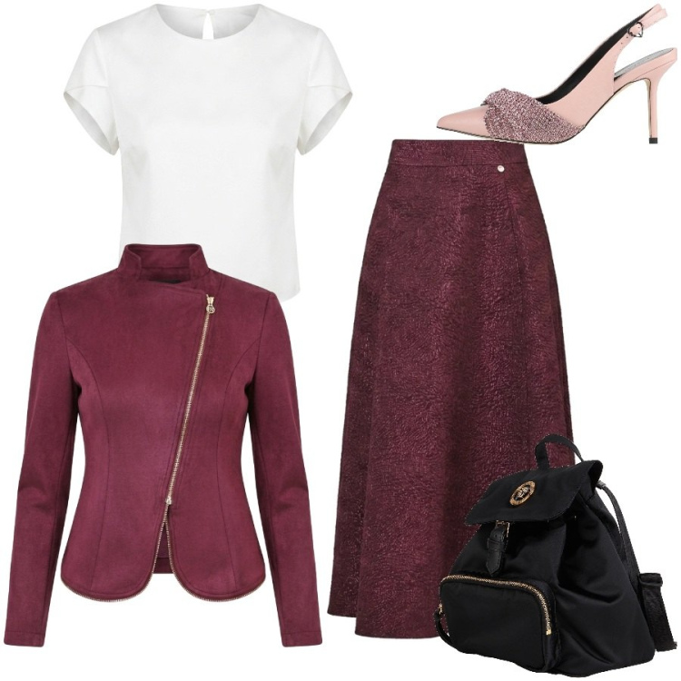 Outfit donna - Total look #2482435. Stile Chic per Serata fuori. Abbinamento con zaini, décolleté, gonne longuette, t-shirt, blazer.